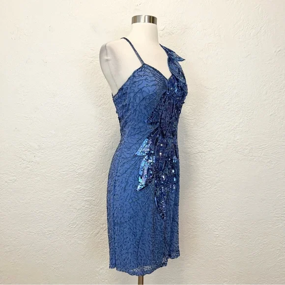 Vintage NiteLine Dress Blue Silk Chiffon Beaded Sequins 70s 80s Party XS S - Picture 10 of 11